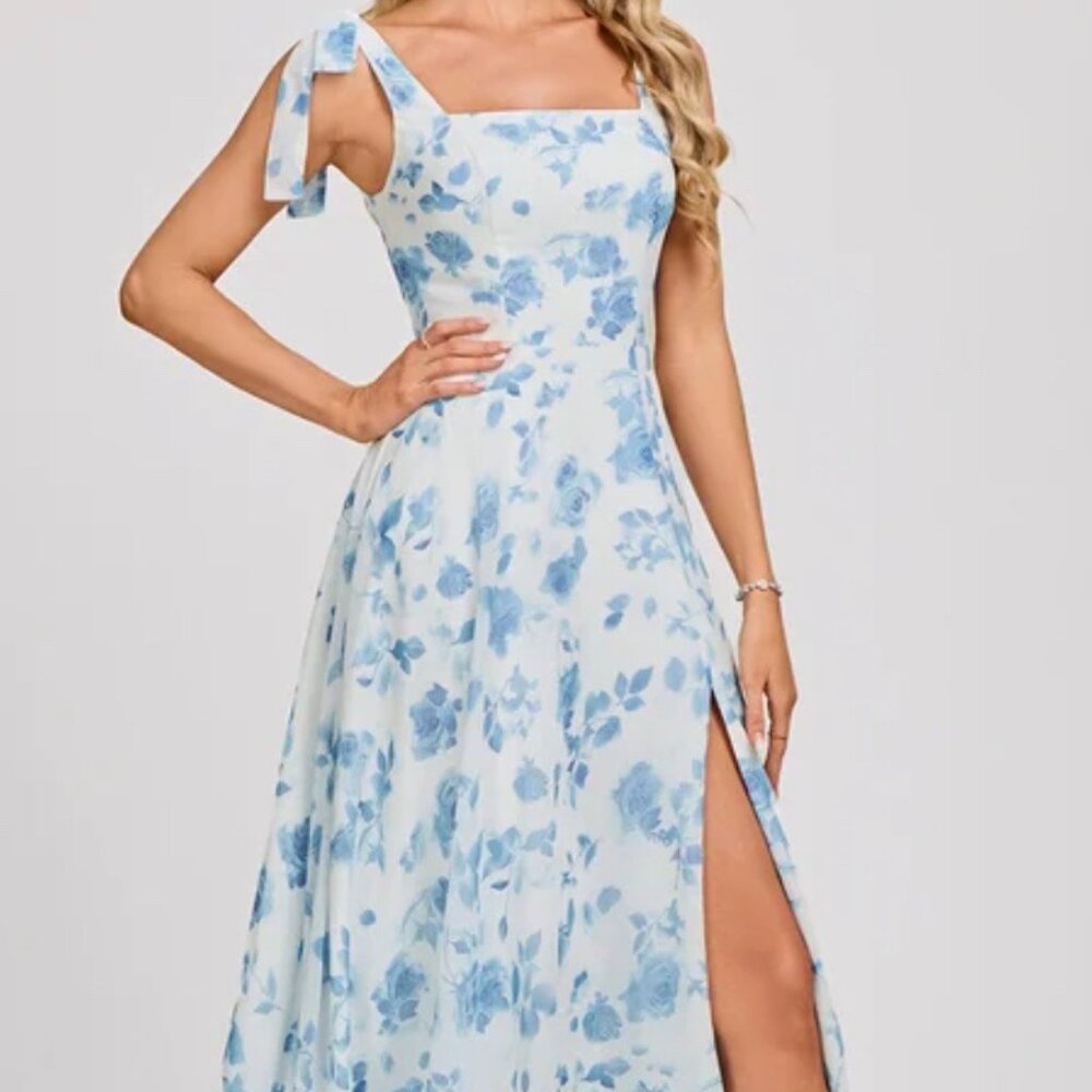 JJ's House Blue and White Floral Bridesmaids Dress Floor Length